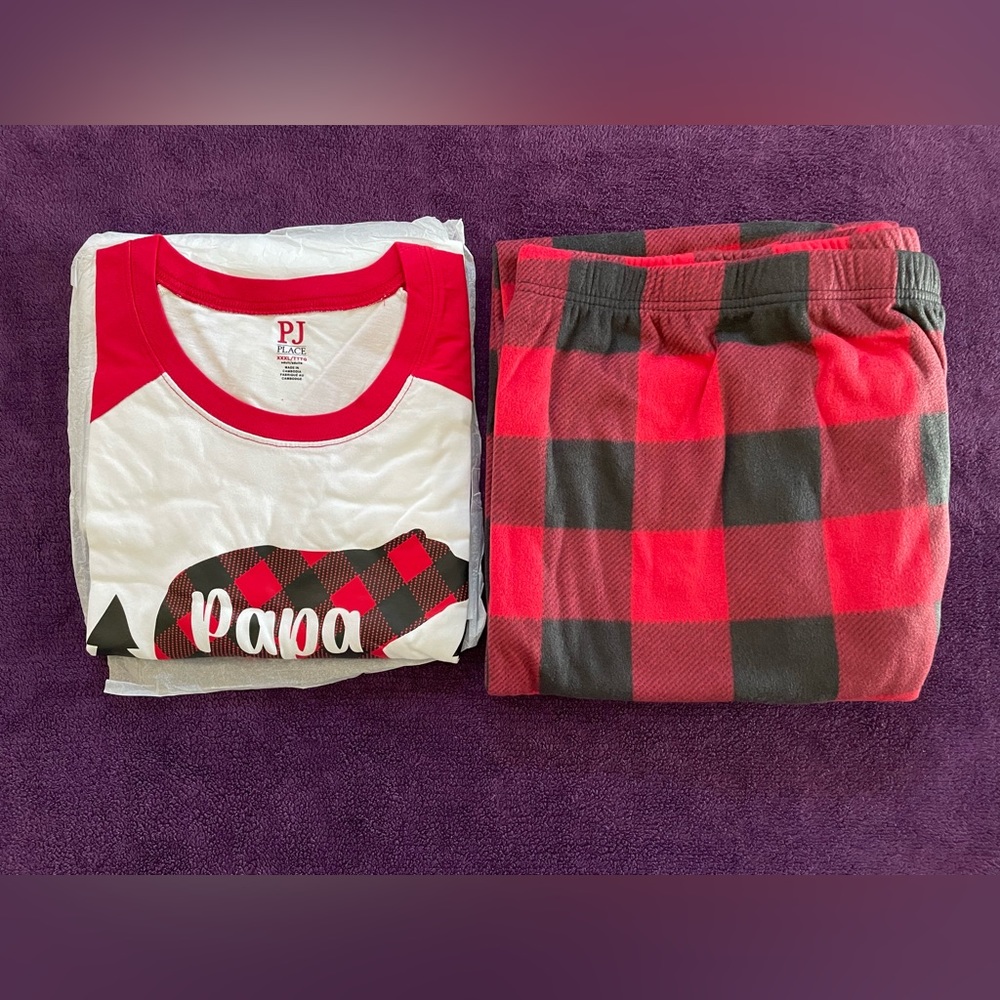 Mens Matching Family Bear Buffalo Plaid Cotton And Fleece Pajamas. Color: RUBY
